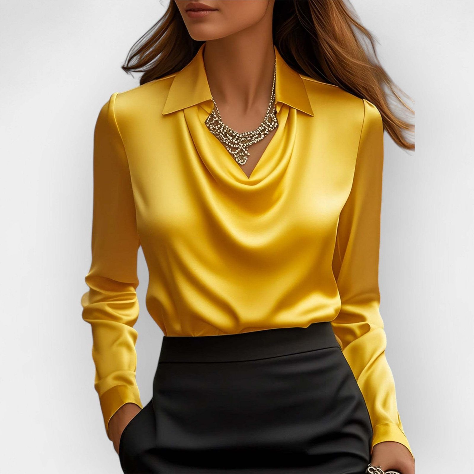 Women's Swing Collar Draped Shirts & Blouses Elegant Solid Satin Office Ladies Top Pullover Spring Long Sleeve Casual Tops - Image 2
